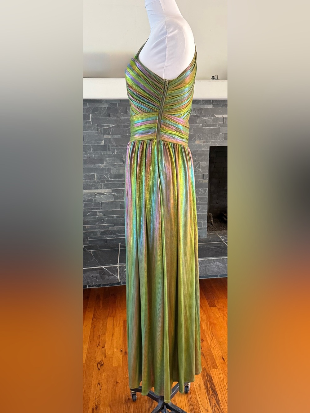 BRONX and BANCO One-Shoulder Metallic Pleated Green Multi Colored Evening Gown M - Picture 3 of 7